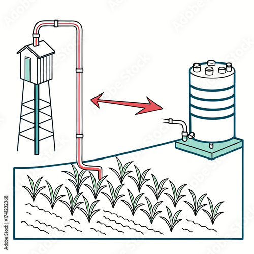 Illustration of a farm irrigation system with water towers and crops, highlighting the flow of water and the connection between the structures