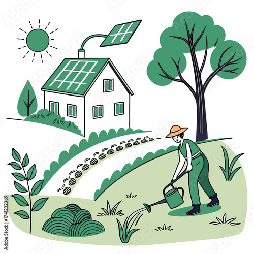 Illustration of a sustainable house with solar panels, a garden, and a farmer watering plants, showcasing ecofriendly living and renewable energy