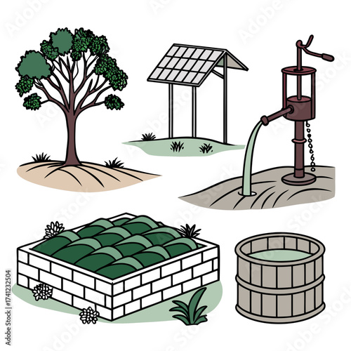 Illustration of a sustainable water management system, featuring a solar panel, water pump, tree, and reservoir, showcasing ecofriendly solutions for water conservation and agriculture
