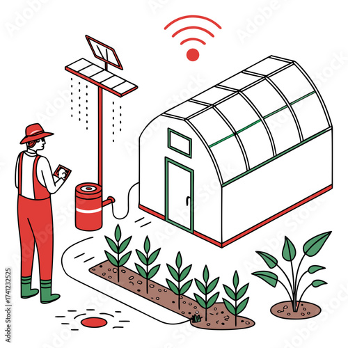 Illustration of a smart farm with a greenhouse, solarpowered irrigation system, and farmer using a tablet for data analysis, showcasing modern agriculture and technology