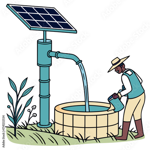Illustration of a solarpowered water pump system with a farmer, showcasing sustainable technology for water supply and irrigation