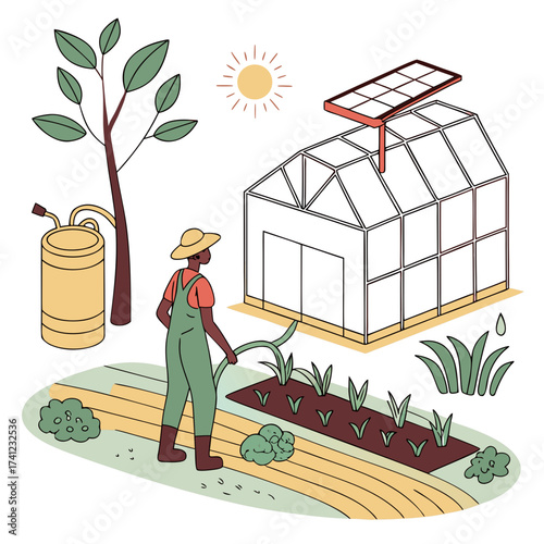 Illustration of a farmer using a solarpowered irrigation system in a greenhouse, showcasing sustainable agriculture and renewable energy for crop cultivation