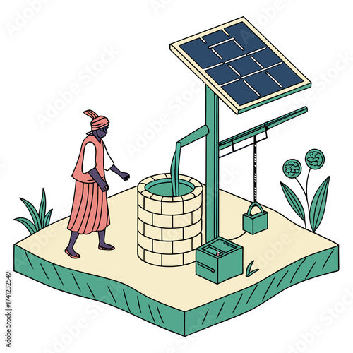 Vector art of a farmer in traditional indian clothing using a solar powered well to irrigate his crops, showcasing sustainable agriculture and technology integration in rural farming