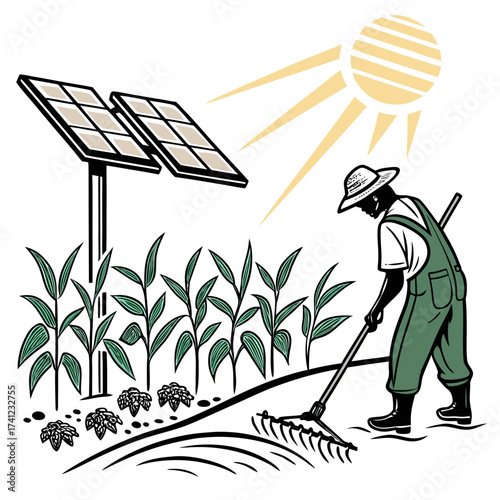Vector art of a farmer in overalls and a hat uses a rake in a field of crops, with solar panels providing renewable energy for sustainable agriculture