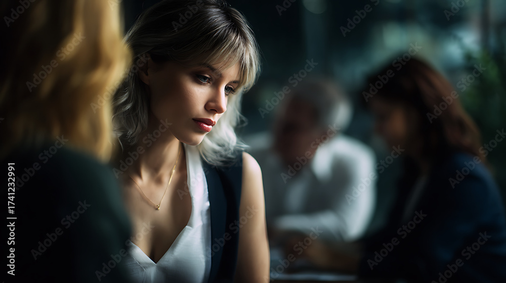 Obraz premium Thoughtful Young Woman with Short Hair and Blazer in Business Meeting Room Under Soft Lighting
