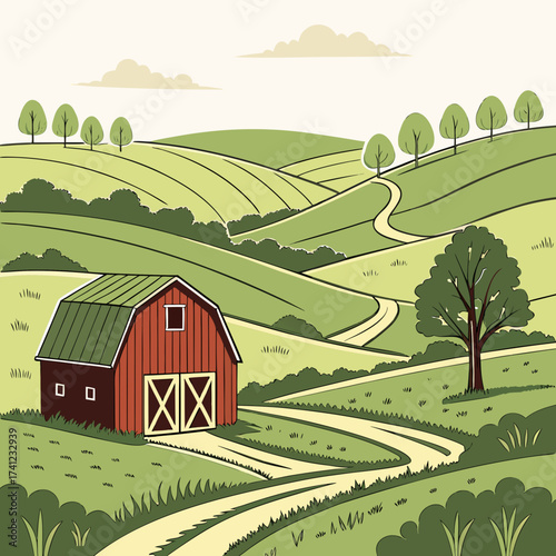 Vector art of a picturesque countryside scene featuring a red barn nestled among rolling green hills, winding dirt roads, and scattered trees, a classic rural landscape