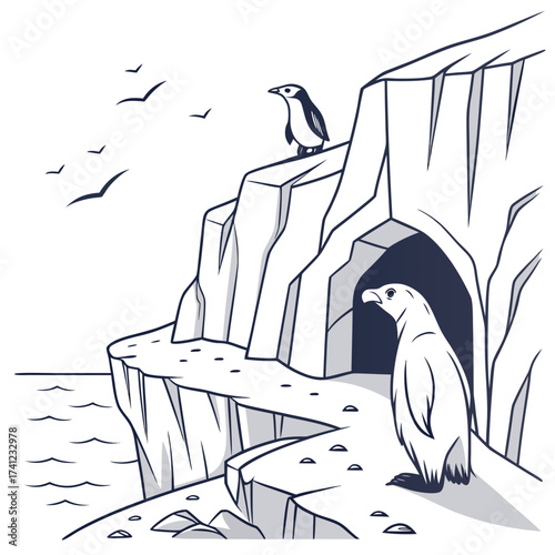 Vector art of penguin colony on a rocky cliff a captivating view of antarctic wildlife, showcasing the charm and resilience of penguins in their icy habitat