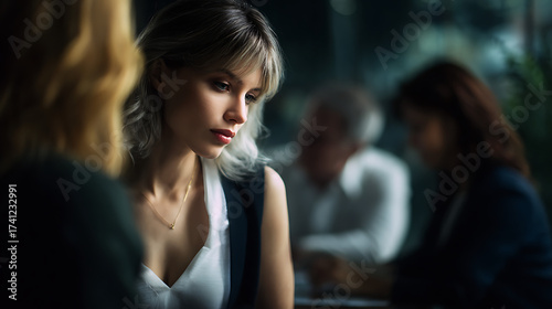 Wallpaper Mural Thoughtful Young Woman with Short Hair and Blazer in Business Meeting Room Under Soft Lighting Torontodigital.ca