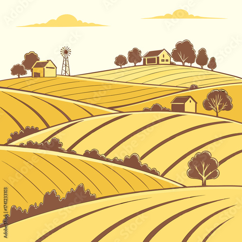 Vector art of rolling hills of golden fields dotted with charming farmhouses and windmills create a picturesque countryside vista, a serene escape to rural beauty