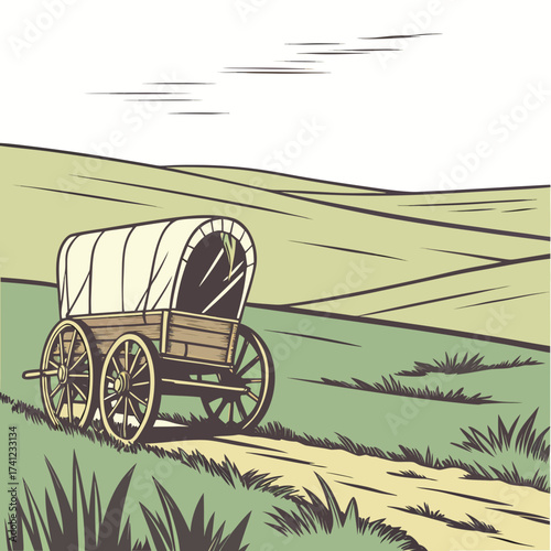 Vector art of a covered wagon on a grassy plain, evoking a sense of westward expansion and pioneer spirit, with rolling hills and a dirt road leading into the distance