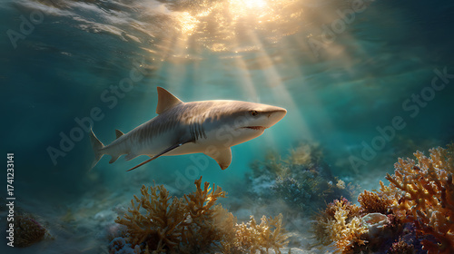 Tiger Shark Swimming in the Ocean with Sunlight and Coral Reef