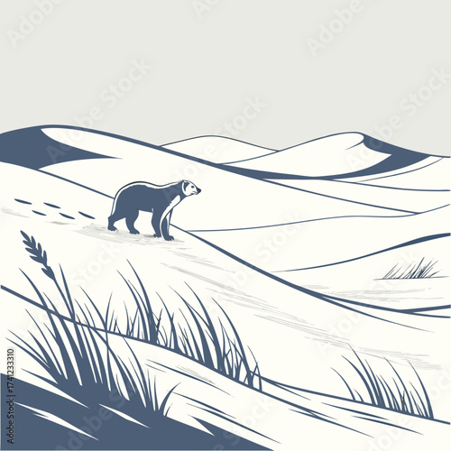 Vector art of a tranquil winter scene, showcasing a polar bear traversing snowcovered dunes, with sparse grass adding texture, creating a minimalist yet captivating composition