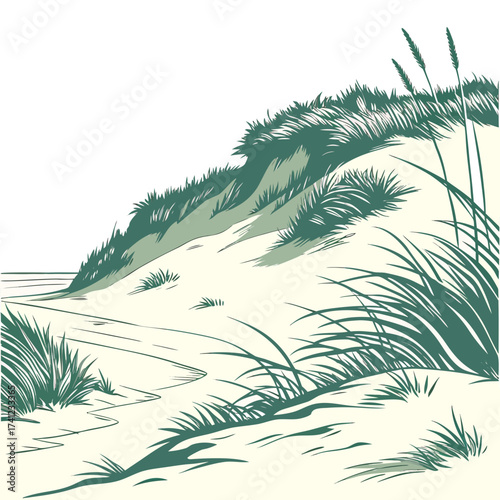 Vector art of a serene sand dune covered in lush green grass slopes gently towards the ocean, a tranquil coastal scene evoking a sense of peace and natural beauty