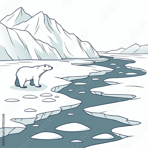Vector art of an illustration of a polar bear standing on a cracked ice floe with snowcapped mountains in the background, the scene depicts the fragility of the arctic environment