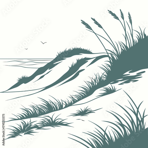 Vector art of a serene illustration of a sandy dune landscape with lush green grass, gentle waves, and birds flying above, the scene evokes a sense of tranquility and natural beauty