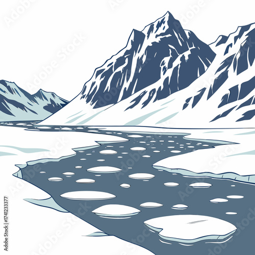 Vector art of an illustration of a frozen landscape with snowcovered mountains and ice floes floating in the water, the scene captures the serene beauty of the arctic wilderness
