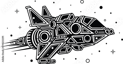 Futuristic spaceship soaring through space black and white vector illustration