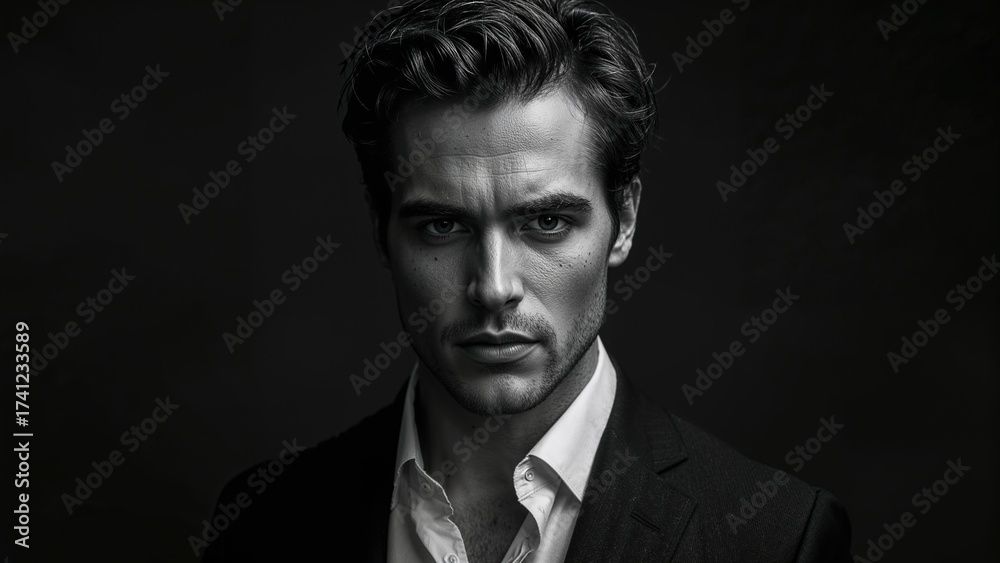 Fototapeta premium Portrait of a serious young man in a dark suit against a black background featuring dramatic lighting and monochrome filter creating a striking visual impact.