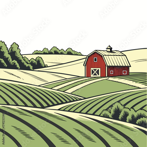 Vector art of a picturesque rural scene with a red barn nestled among rolling green hills and fields, , capturing the charm and tranquility of countryside living
