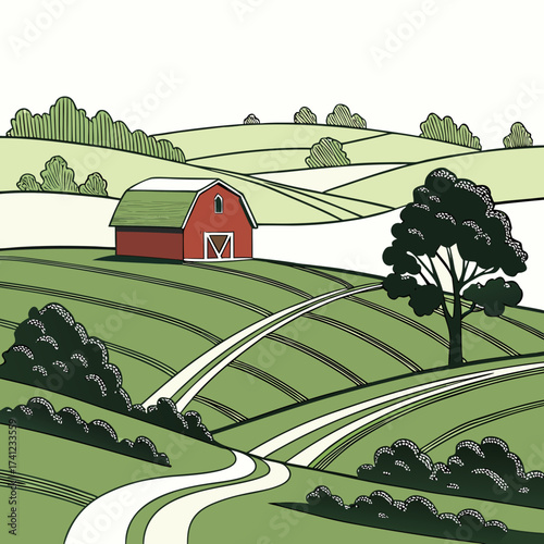 Vector art of a picturesque countryside scene unfolds with rolling green hills, a charming red barn nestled amidst the landscape, and a winding dirt road leading through the idyllic scenery