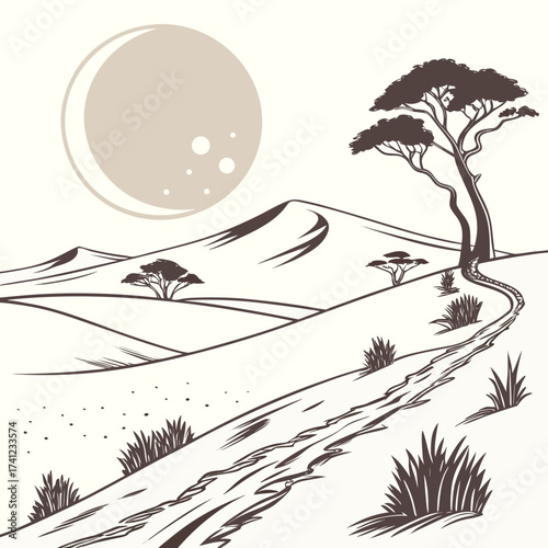 Vector art of a serene desert landscape unfolds under the soft glow of the moon, with towering sand dunes, sparse trees dotting the horizon, and a winding path leading through the tranquil scenery