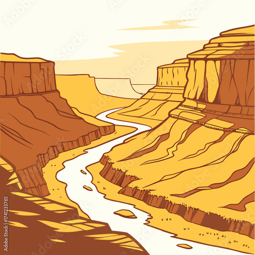 Vector art of grand canyon landscape with the majestic cliffs, deep gorges, and the colorado river carving its path through the arid terrain, creating a breathtaking view of natural wonder