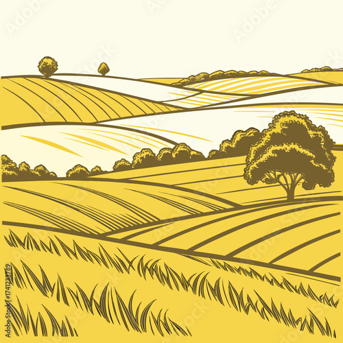 Vector art of rolling hills of farmland with golden fields and scattered trees a picturesque landscape illustration, ideal for agricultural and rural themes
