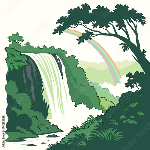 Vector art of a lush waterfall scene showcases cascading water amidst vibrant green foliage, with a rainbow arching gracefully in the background, framed by a silhouette of a tree