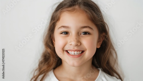 Smiling young girl with long brown hair wearing a white shirt posing against a plain background displaying joy and warmth through her expression.