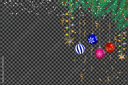 Colorful baubles and golden tinsel are displayed beautifully with snowy pine leaves with transparent background