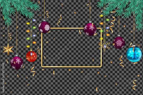 Christmas ornaments, frame, string lights, confetti, and evergreen branches decorate a transparent checkered backdrop