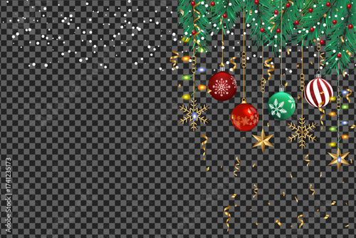 Evergreen boughs adorned with bright baubles and snowfall cascade down against the transparent background