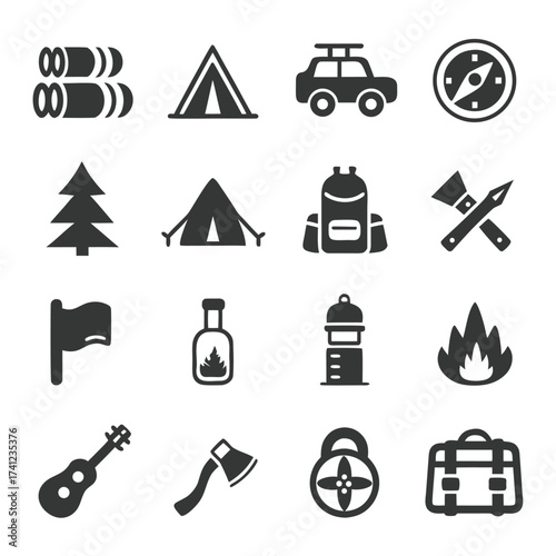 Collection of camping and outdoor adventure icons including tent car compass backpack axe guitar and fire