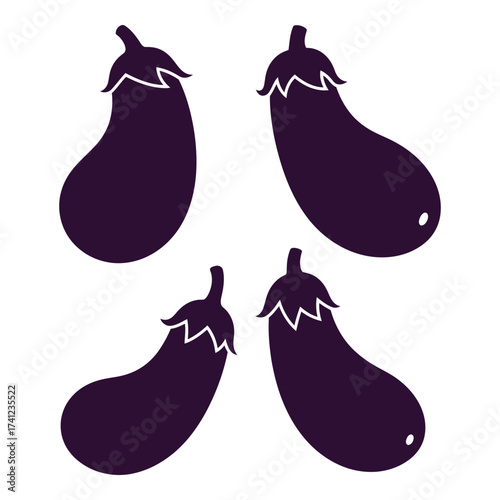 Four purple eggplants silhouettes fresh vegetable icons for healthy food and culinary designs silhouette