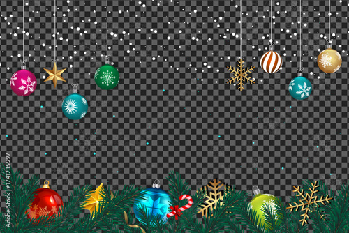 Festive Christmas ornaments and snowflakes hang against a transparent background with falling snow and pine needles
