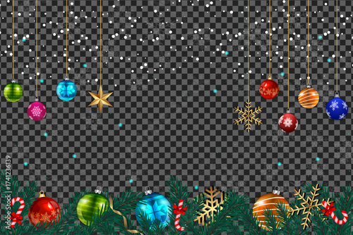 Holiday ornaments hang above pine boughs and candy canes against a transparent, snowfilled backdrop