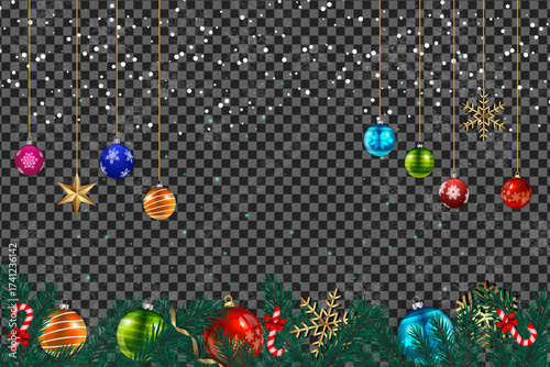Colorful baubles and golden stars hang above green branches with falling snow, transparent background