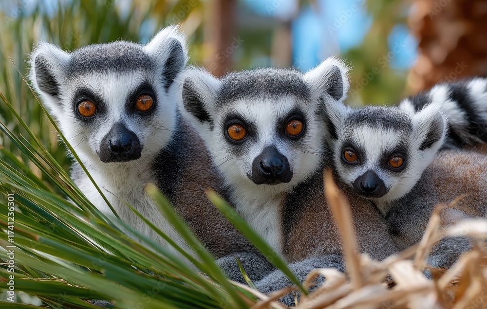 Obraz premium lemurs at the zoo, sitting on straw in their enclosure, posing for photos with orange eyes and black spots on white fur.