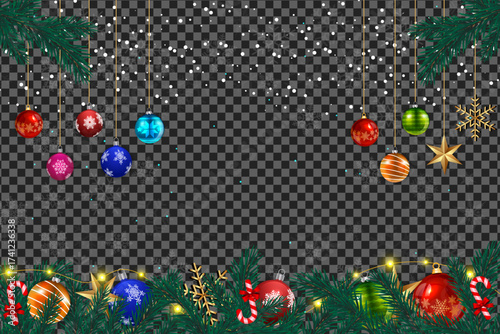 Ornaments hang from above with spruce branches and candy canes on a transparent background