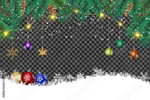 Colorful Christmas ornaments hang from pine branches with string lights on a transparent background