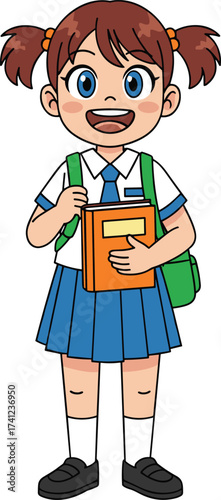 Cute cartoon schoolgirl in blue uniform holding book and backpack, smiling student character, education and learning concept, vector illustration
