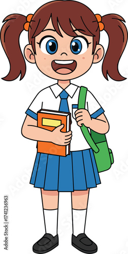 Cute cartoon schoolgirl in blue uniform holding books and backpack, happy student character, education concept, vector illustration, learning child