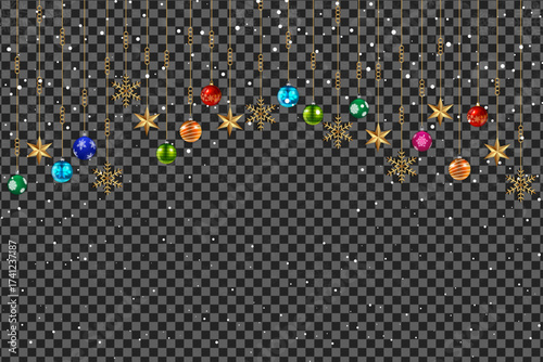 Hanging colorful baubles and golden star ornaments amidst falling snow create a festive atmosphere with transparent background