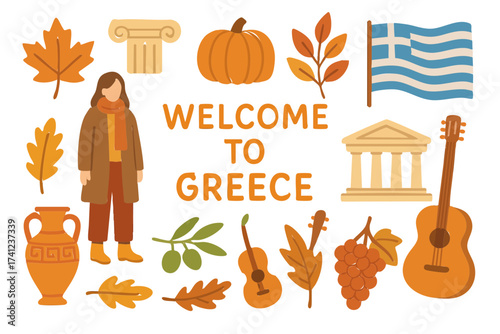 Flat Design Autumn Greece Culture Icon Set