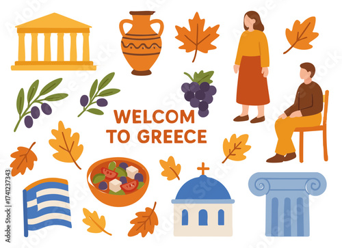 Flat Design Autumn Greece Culture Icon Set