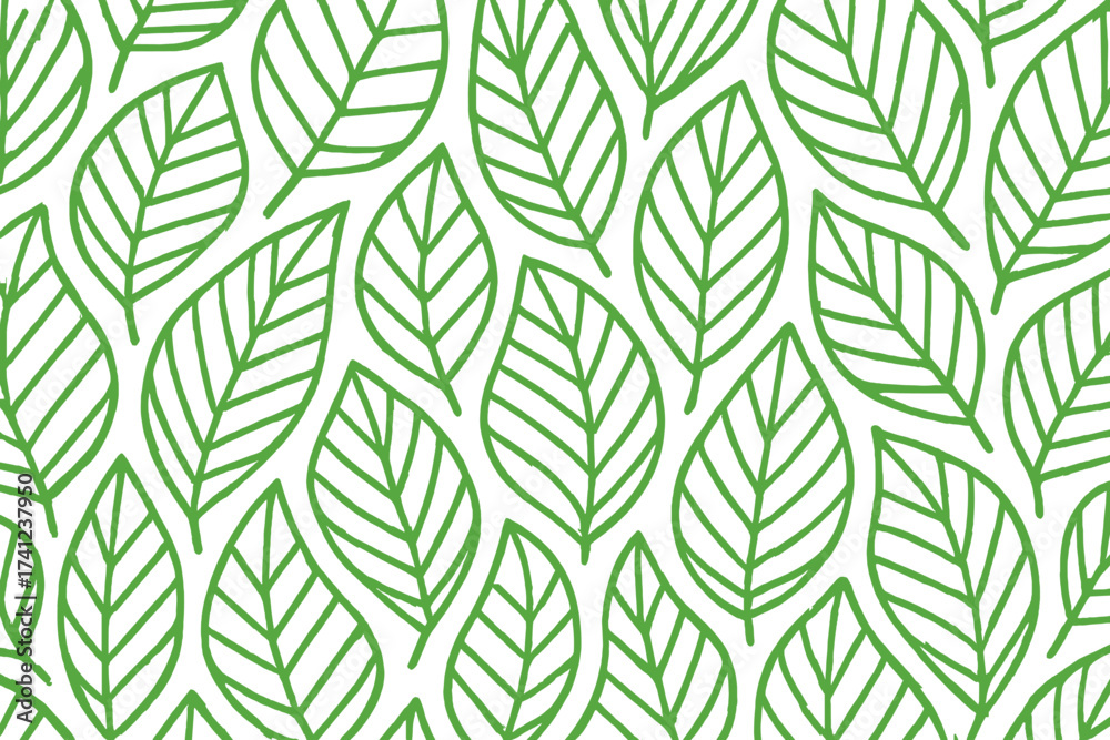 Fototapeta premium Seamless vector pattern with green leaves. Hand drawn linear doodle background. Abstract geometric botanical texture for textile design. Natural, eco, organic cartoon illustration.