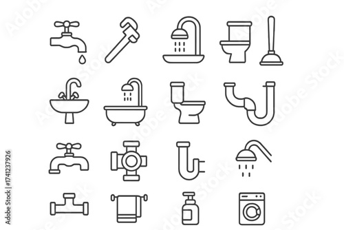 Bathroom and plumbing thin line icon set. Sanitary ware and toilet equipment collection. Vector outline pictograms for web and graphic design. Faucet, shower, sink, pipe symbols.