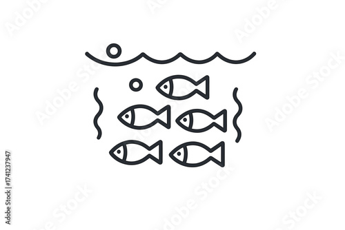 School of fish line icon. Group of fish swimming in sea. Marine life. Aquatic wildlife underwater. Ocean, nature, teamwork, community concept. Simple minimalist outline vector.
