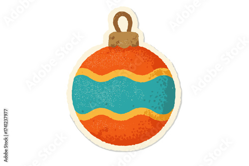 Christmas bauble ornament in naive torn paper collage style. Vector vintage clay toy illustration. Retro holiday decoration with halftone texture for Xmas design or sticker.