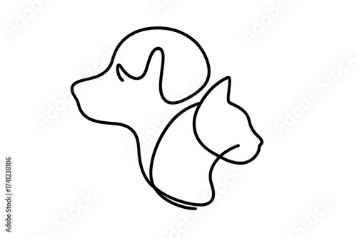 Dog and cat continuous one line drawing. Animal friendship symbol. Pet head silhouette logo. Vector graphic for veterinary, pet shop, animal shelter. Abstract minimal icon.